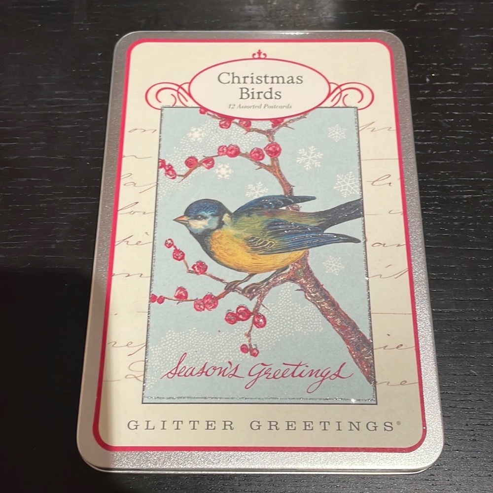11 Christmas Birds Greeting Postcards with tin box